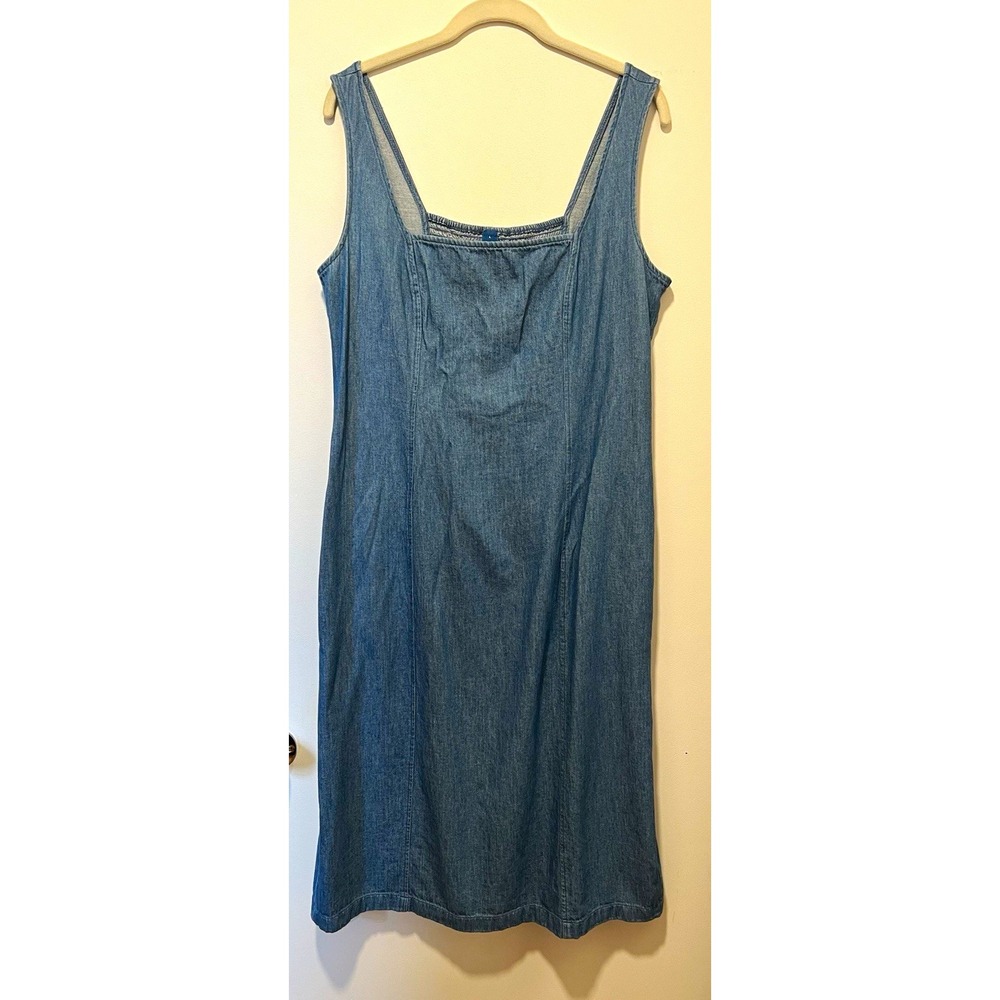 Old Navy Women's L Blue Denim Cotton Smocked Square Neck Sleeveless Shift Dress